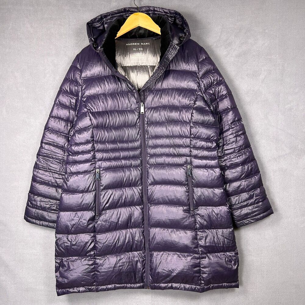 Andrew Marc Packable Down Puffer Jacket Womens XL Purple Hooded Lightweight Coat